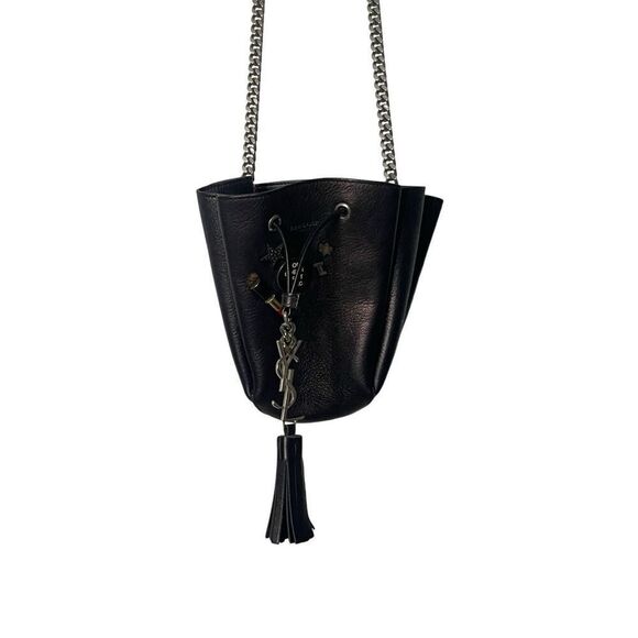 SAINT LAURENT MONOGRAM EMBELLISHED BLACK LEATHER MINI BUCKET BAG - Picture 2 of 5